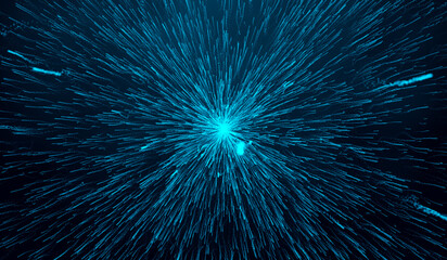 3D abstract digital technology particles fragmentation and mixing of blue on blue background.
