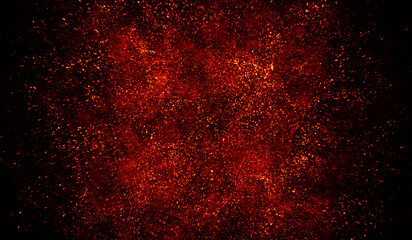 Fototapeta na wymiar 3D abstract digital technology particles fragmentation and mixing of orange-red on black background.