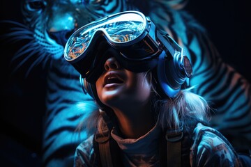 Boy wearing virtual reality headset and surreal tiger. VR goggles. Generative AI