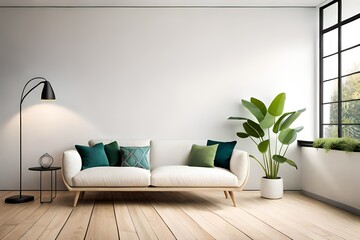 Interior scandinavian wall mock up with white sofa plant and lamp on empty wood floor background. Living room 3d render illustration