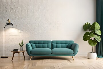 Interior scandinavian wall mock up with white sofa plant and lamp on empty wood floor background. Living room 3d render illustration. Template