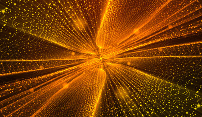 3D abstract digital technology yellow-orange particles network on red background.