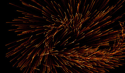 3D abstract digital technology particles fragmentation and mixing of orange on black background.