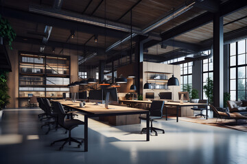 Fototapeta na wymiar modern industrial office interior design Idea with green plants teamwork office space interior design idea