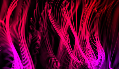 3D abstract digital technology pink light particles network wave on black background.