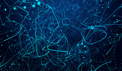 3D abstract digital technology blue particles network on black background.