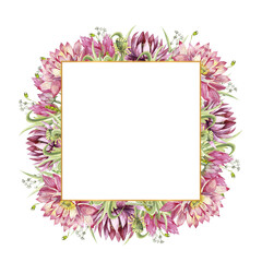 A frame with flowers of water lilies and wild forest grasses. Watercolor illustration on a white background