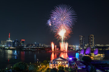 fireworks over the city, April 30 holiday in Saigon, Vietnam