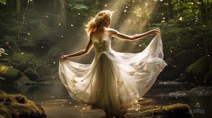 Photorealistic image of a magical dancing forest fairy.
