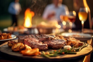 Outdoor barbeque with friends and family grilled steak and chicken with background of blurred person - obrazy, fototapety, plakaty