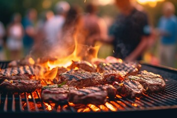 Outdoor barbeque with friends and family grilled steak and chicken with background of blurred person