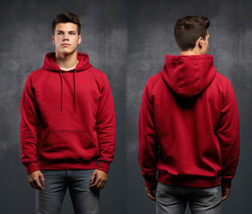 Front and back view of a red hoodie mockup for design print