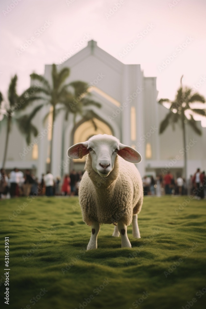 Canvas Prints a sheep stands in front of a mosque building during eid celebration