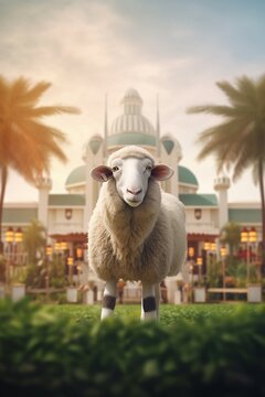 A sheep stands in front of a mosque building during Eid celebration