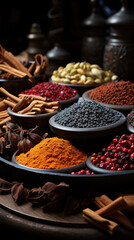 Various aromatic colorful spices and herbs. Ingredients for cooking and Ayurveda treatments.