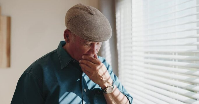 Senior man, thinking and window in house for mistake, memory or regret for fail in retirement. Elderly guy, question and remember for vision, ideas or anxiety for decision, choice or problem in life
