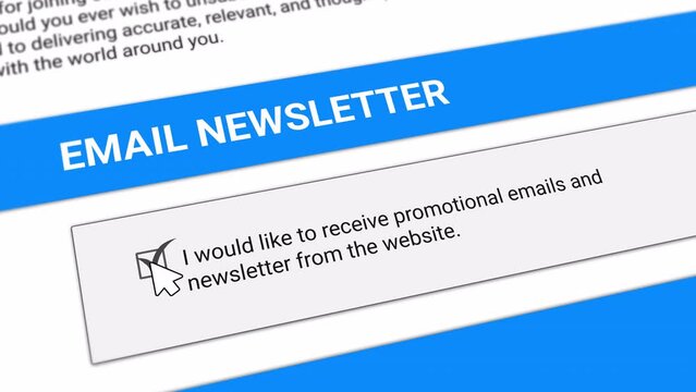 Mouse Cursor Clicking and accepting the Checkbox of the newsletter to receive promotional emails from the website". Email Marketing Concept without Effect.