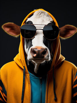An Anthropomorphic Cow Wearing Cool Urban Street Clothes