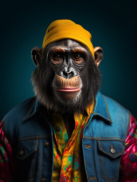 An Anthropomorphic Chimpanzee Wearing Cool Urban Street Clothes