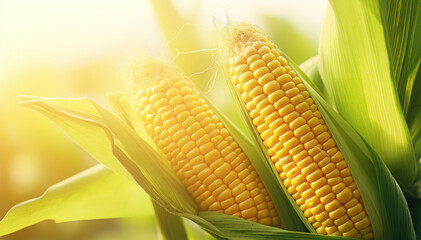 Close-up of two ripe corn cobs in the field
