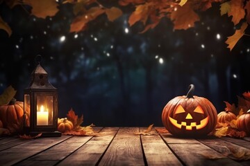 Obraz premium Halloween theme on wooden desk with copy space. thanksgiving. Generative AI