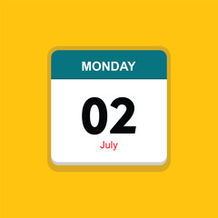 july 02 monday icon with yellow background, calender icon