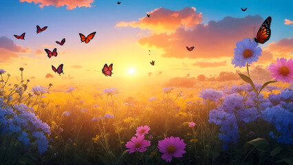 Obraz na płótnie Canvas art Beautiful summer sunset background with blooming wild lovanda flowers and flying butterflies in a sunny meadow