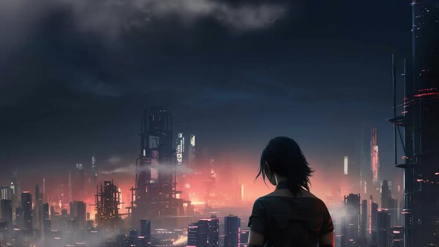 a girl with high tech suit standing on the top of building watching neo cyberpunk city