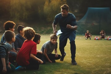 Coach training kids sport in school ground. Generative AI