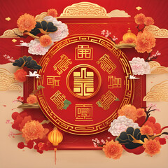 Chinese New Year, decoration, red coin with beautiful Chinese style pattern, flowers, lantern, golden elements