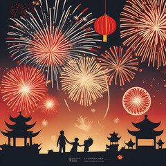 Happy Chinese New Year Celebration, beautiful night with fireworks, lantern, reunion, happiness, love, family reunion, gazebo