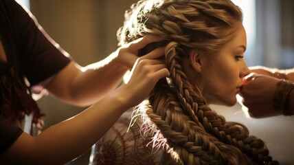 Hairdresser braiding hair - obrazy, fototapety, plakaty