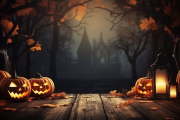 Halloween theme on wooden desk with copy space. thanksgiving. Generative AI