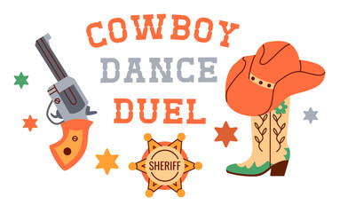 Horizontal banner template for cowboy party invitation decorated by boots, horseshoe, gun, hat.