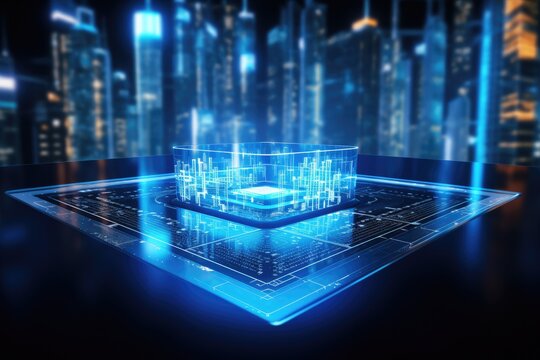 Montage wooden table with blurred futuristic technology background. Generative AI
