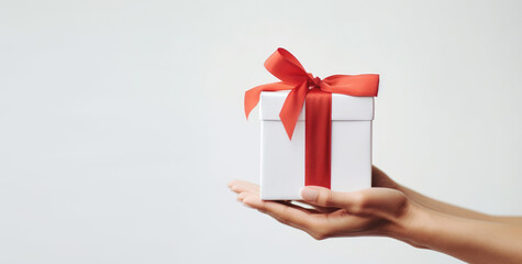 Hand hold gift box with red ribbon