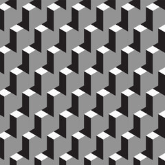 Abstract black and white geometric background. Diagonal rows of cubes, symmetrical arrangement. Seamless pattern. Background for paper, cover, fabric, interior decor.