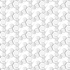Black spirals on a white background, seamless pattern.  Diagonal grid of spirals of different sizes. Abstract black and white ornament. Background for paper, cover, fabric, interior decor.