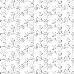 Black spirals on a white background, seamless pattern.  Diagonal grid of spirals of different sizes. Abstract black and white ornament. Background for paper, cover, fabric, interior decor.