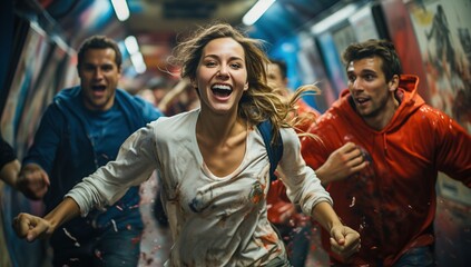 young group of friends running in a metro corridor covered in paint, generative ai