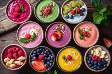 Assortment of fruit smoothies. Fruit slices on a fruit smoothie. Healthy smoothies bowls with berries, chia seeds and oat flakes.