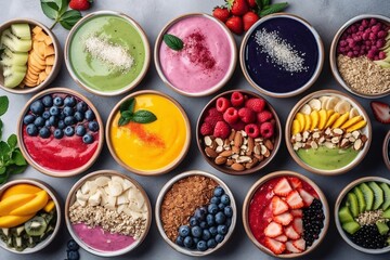 Assortment of fruit smoothies. Fruit slices on a fruit smoothie. Healthy smoothies bowls with berries, chia seeds and oat flakes.