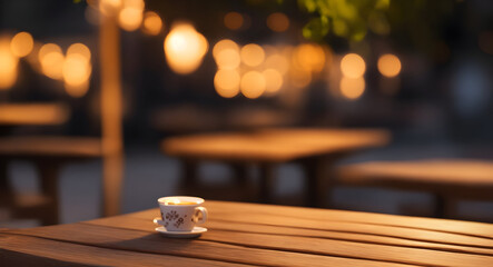  Generate a high-quality photograph of an empty wooden table set against a blurred outdoor cafe background illuminated by bokeh lights. The wooden table should be the focal point, showcasing its textu