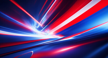 Generate an abstract background that embodies a sense of futuristic speed motion, characterized by dynamic blue and red rays of light. The composition should convey a feeling of rapid movement and ene