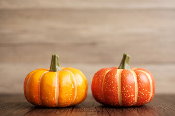 Orange pumpkin on table with copy space for banner background. Happy Halloween day, Hello October, fall autumn season, Festive, party and holiday concept