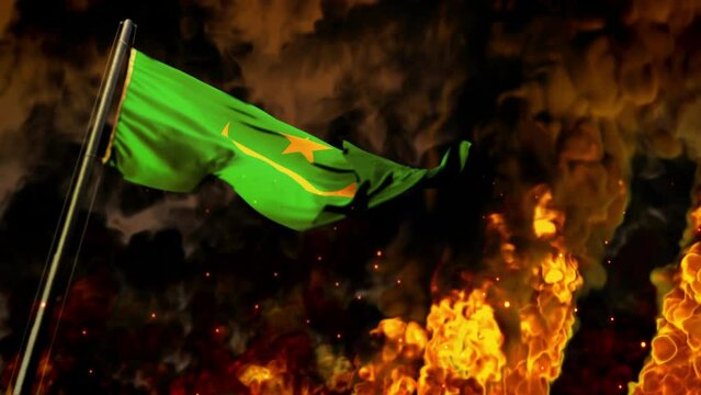 waving Mauritania flag on burning fire backdrop - cataclysm concept
