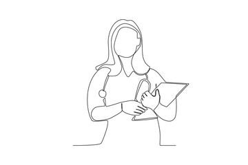 One single line drawing of a midwives who are welcoming patients who come
