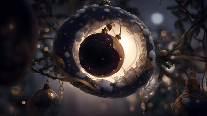 Subject A captivating real photo capturing the festive charm of Christmas balls hanging delicately on display. The background is intentionally blurred, creating a soft and dreamy effect that draws att