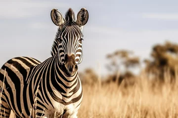 Fotobehang african plains zebra on the dry brown savannah grass © Jodie