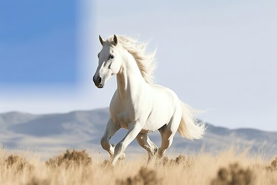 Beautiful white wild horse galloping in steppe.